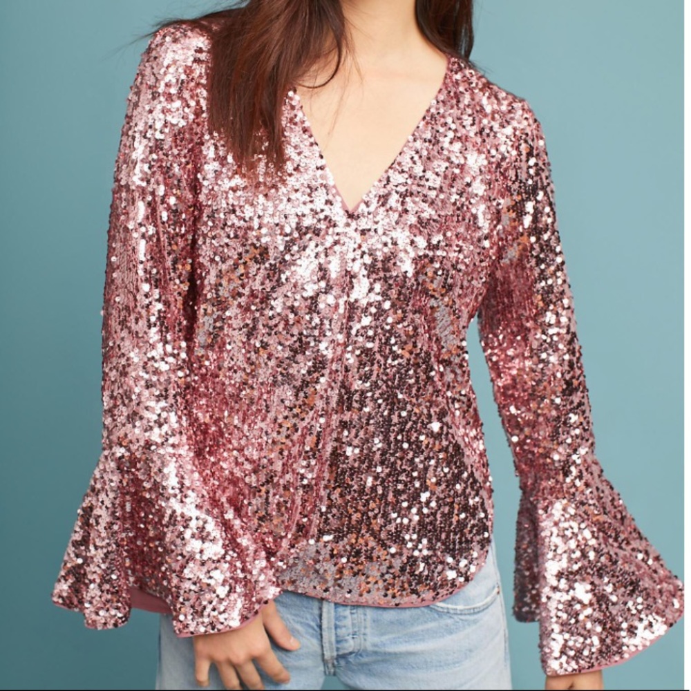 ANTHROPOLOGIE • Rose Gold Sequins Bell Sleeve Top.